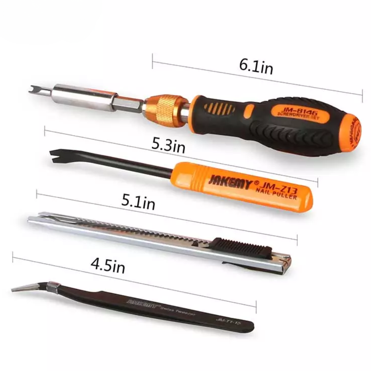 JAKEMY JM-8146 toolkit with various tools including a screwdriver, nail puller, and tweezers