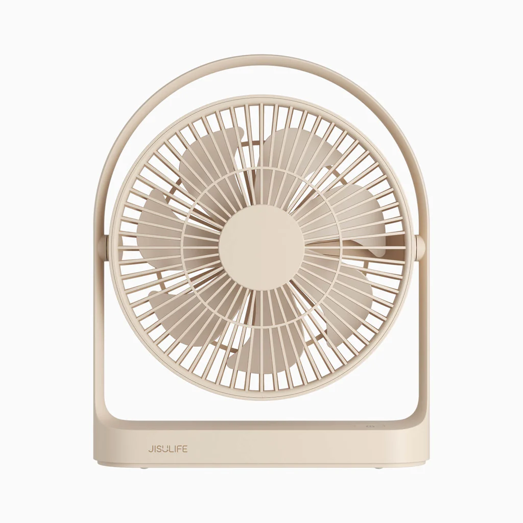 Beige portable rechargeable desk fan with circular handle and protective grille