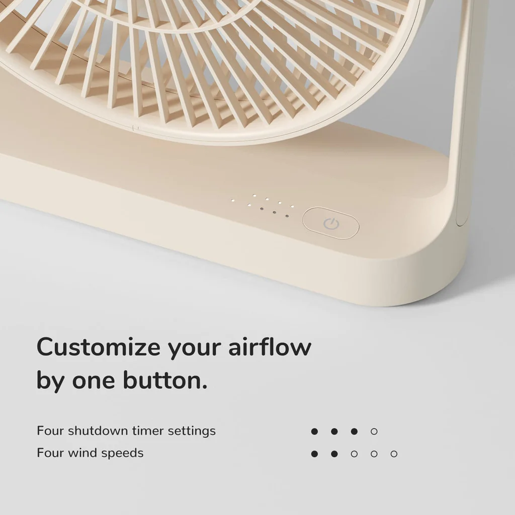 Portable rechargeable desk fan in beige with one-button airflow control and adjustable speed settings
