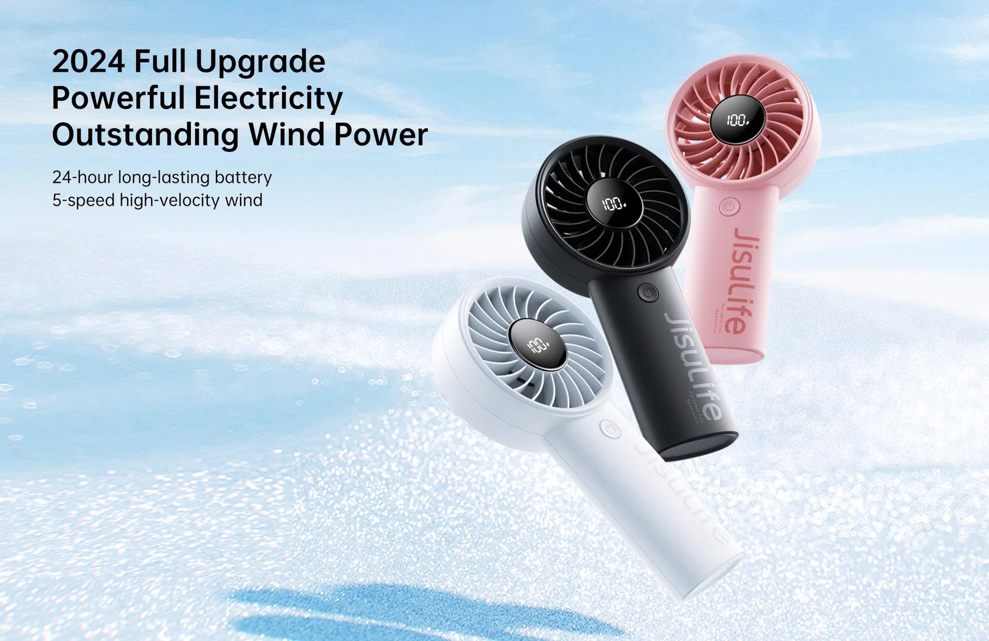 Jisulife life 4 strong wind fan handheld fans in white black and pink with 5-speed high velocity wind