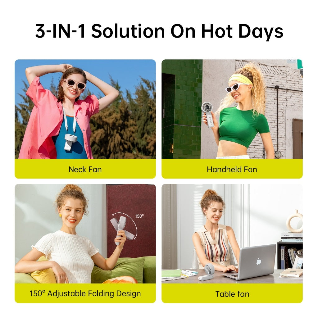 Jisulife mini fan portable handheld fan shown in various uses including neck fan and table fan with adjustable folding design