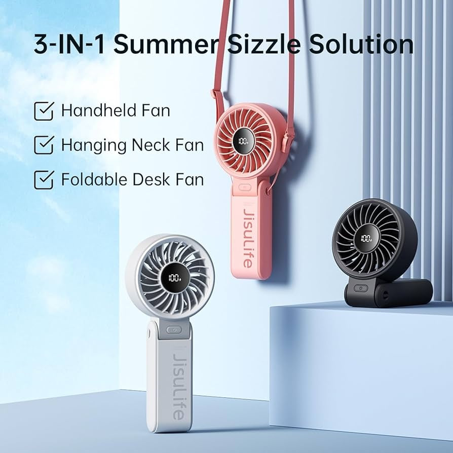 Jisulife mini fan portable in pink, white, and black with handheld, hanging neck, and foldable desk features