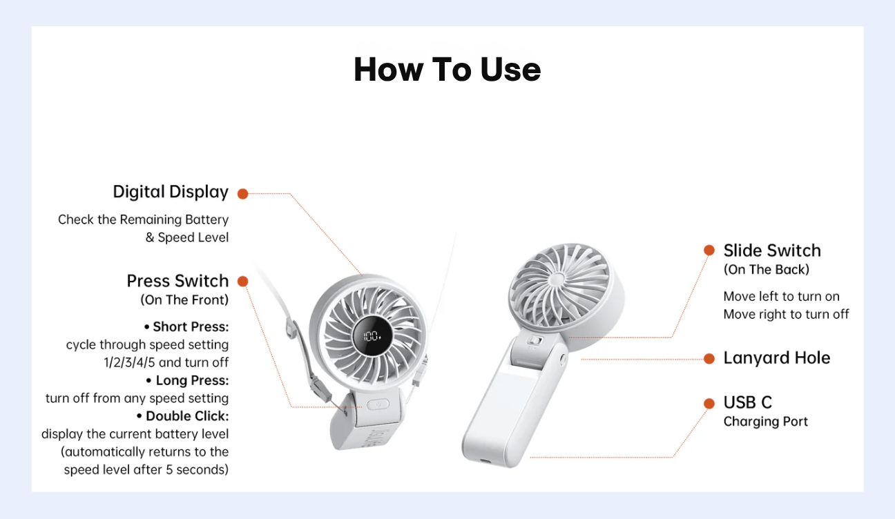 Jisulife mini fan portable handheld fan by VMIDirect showing digital display, slide switch, USB C port, and usage instructions