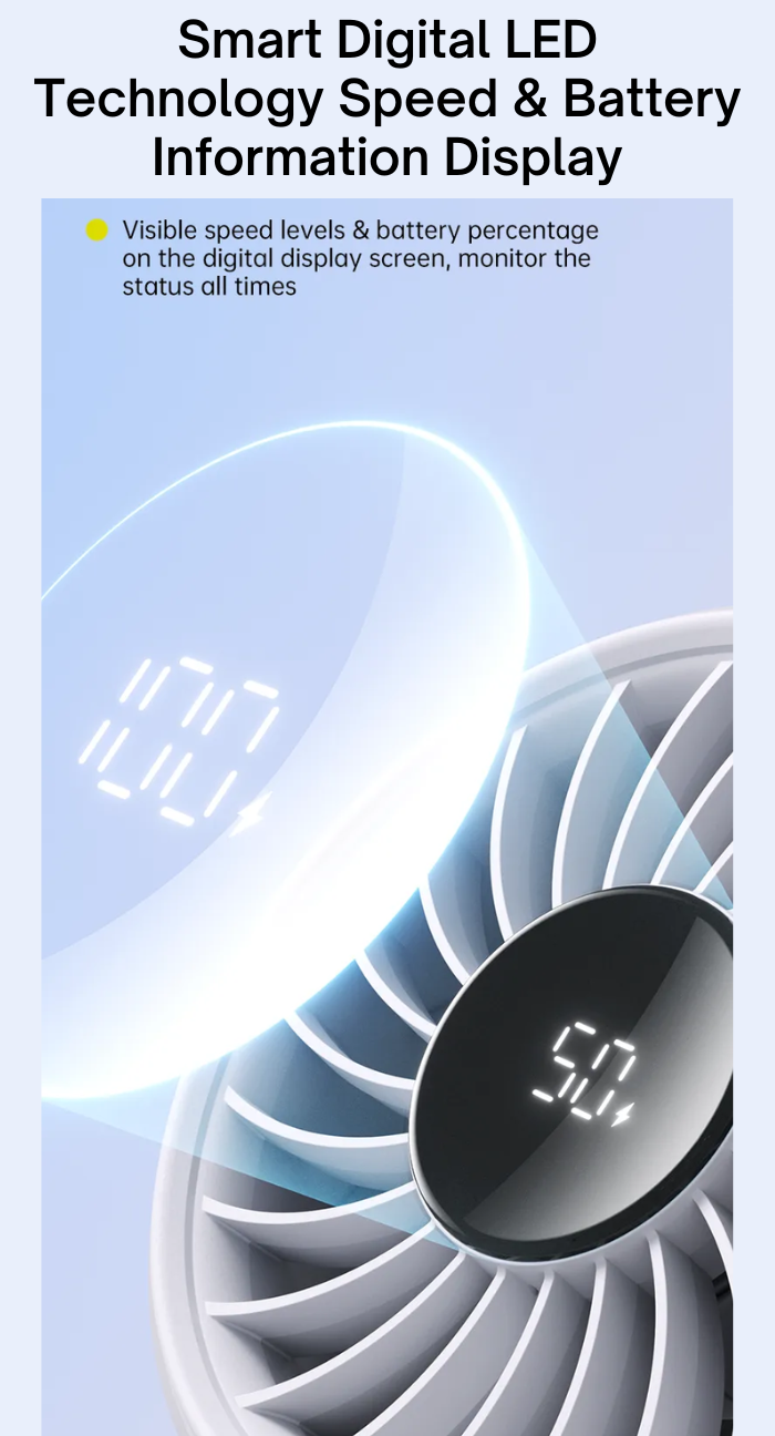 Jisulife mini fan portable by VMIDirect with smart digital LED showing speed and battery percentage