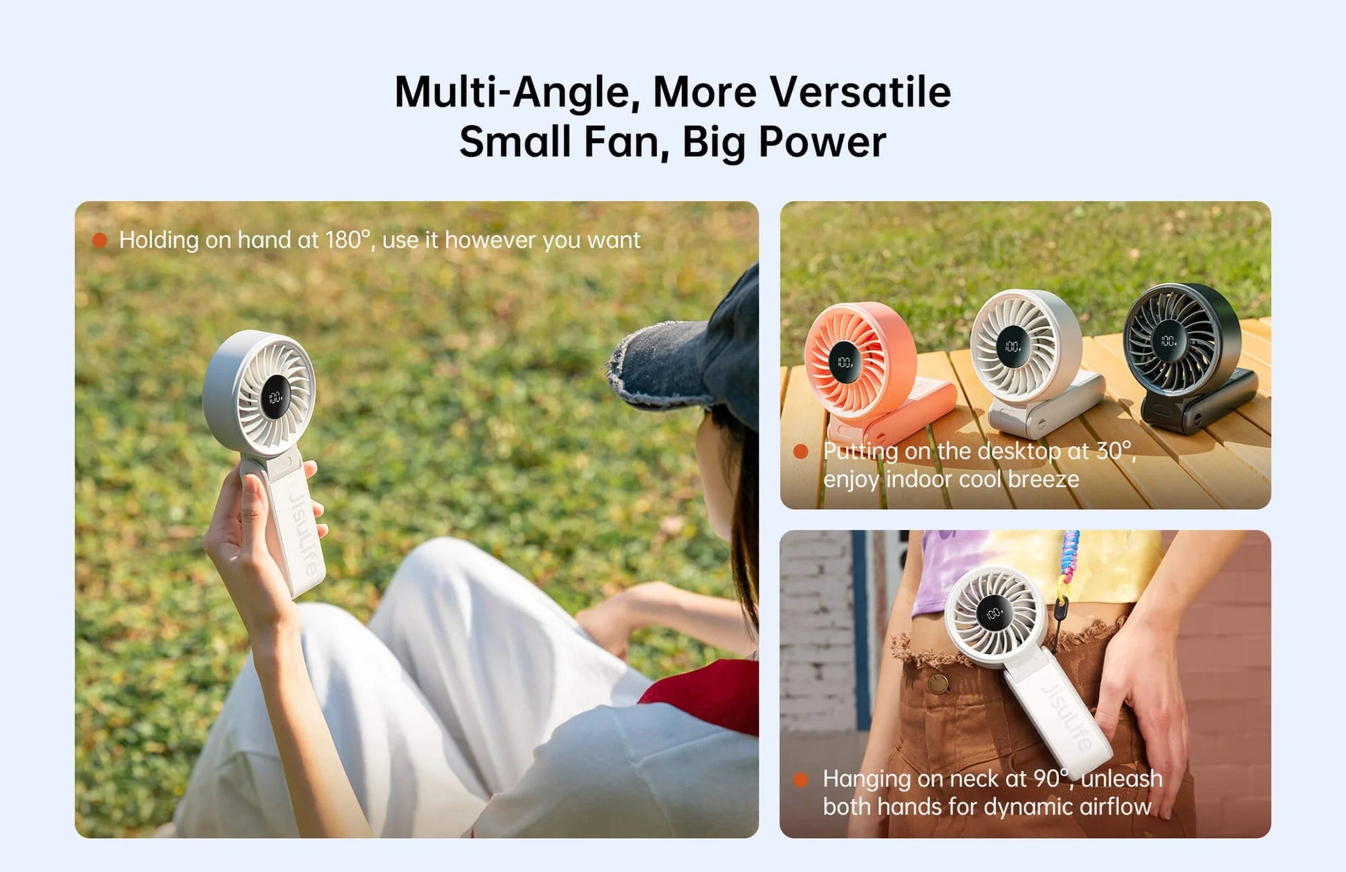 Jisulife mini fan portable handheld cooling fan in white, orange, and black, shown in versatile outdoor and indoor uses