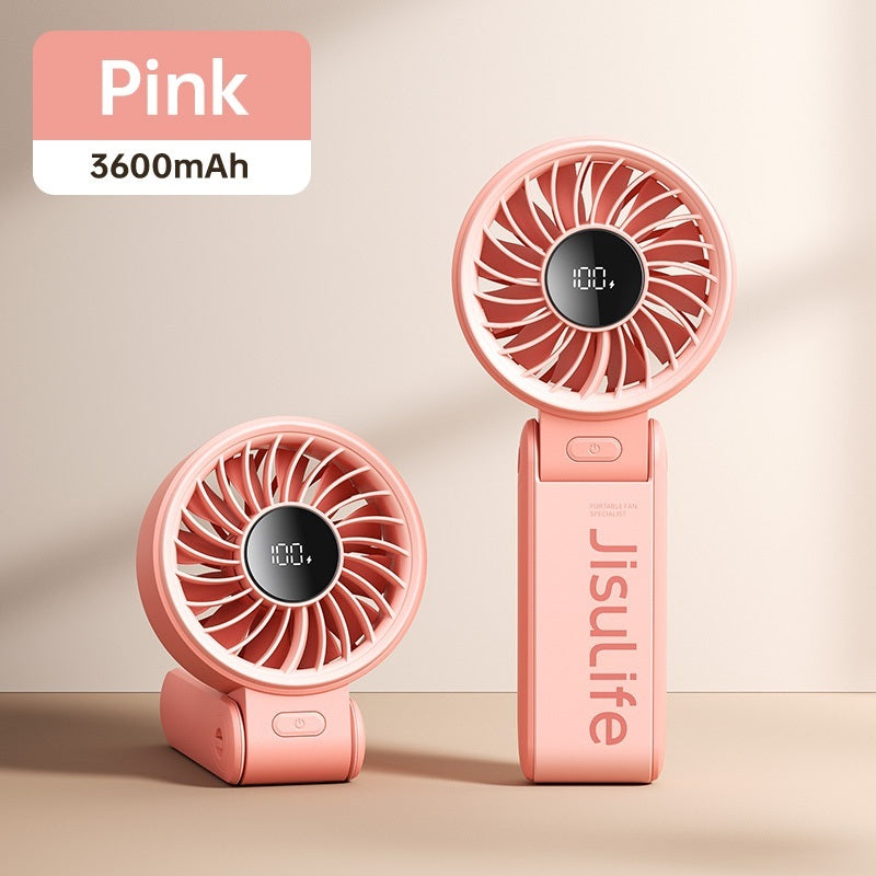 Pink Jisulife mini fan portable handheld fan with digital display and 3600mAh battery by VMIDirect