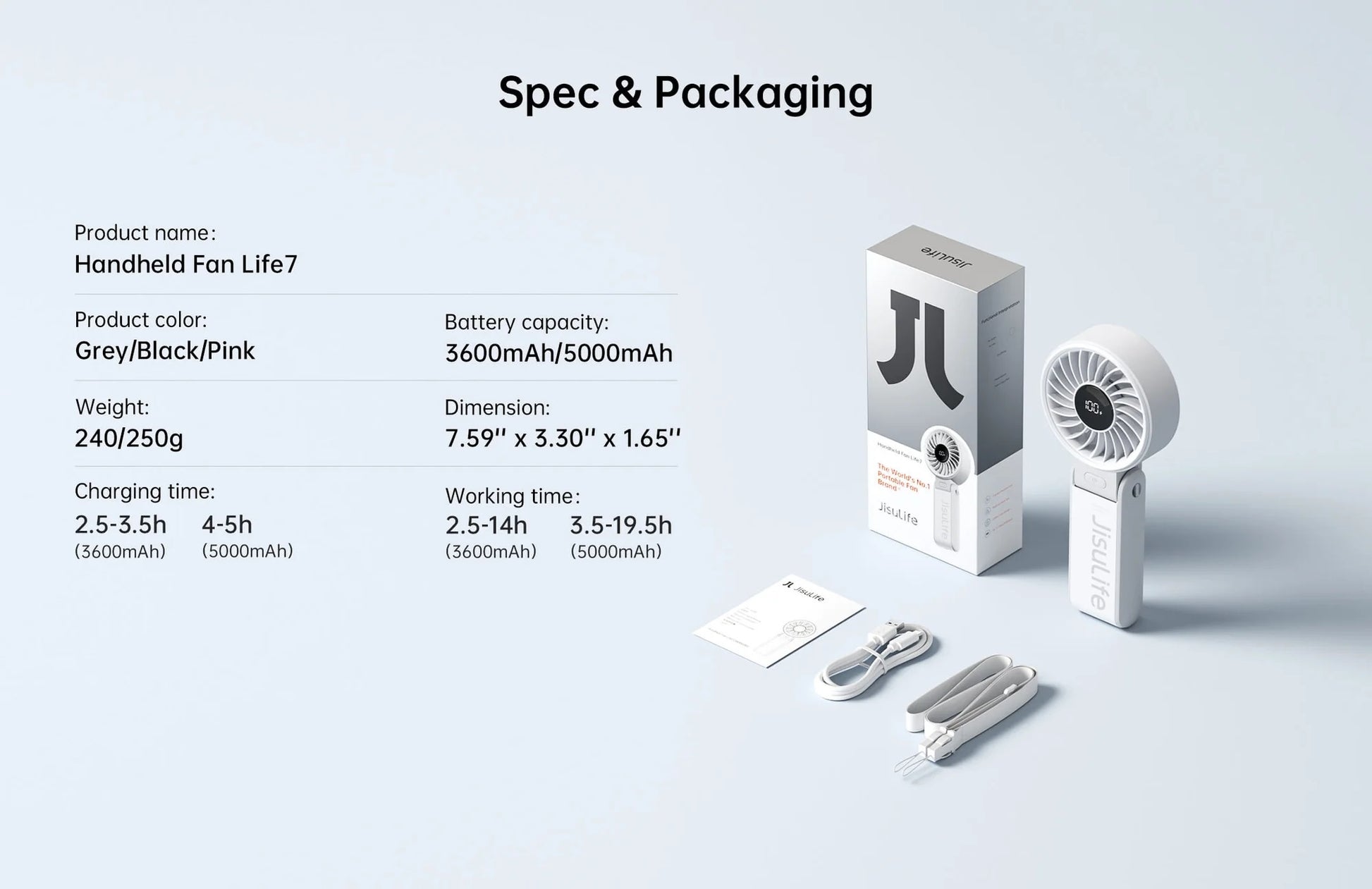 Jisulife mini fan portable handheld fan with USB cable and instruction manual next to packaging box