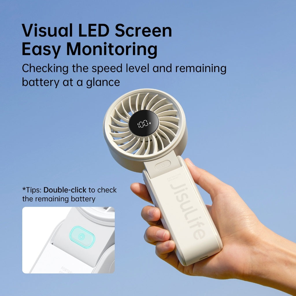 Jisulife mini fan portable handheld fan with LED screen showing speed and battery level