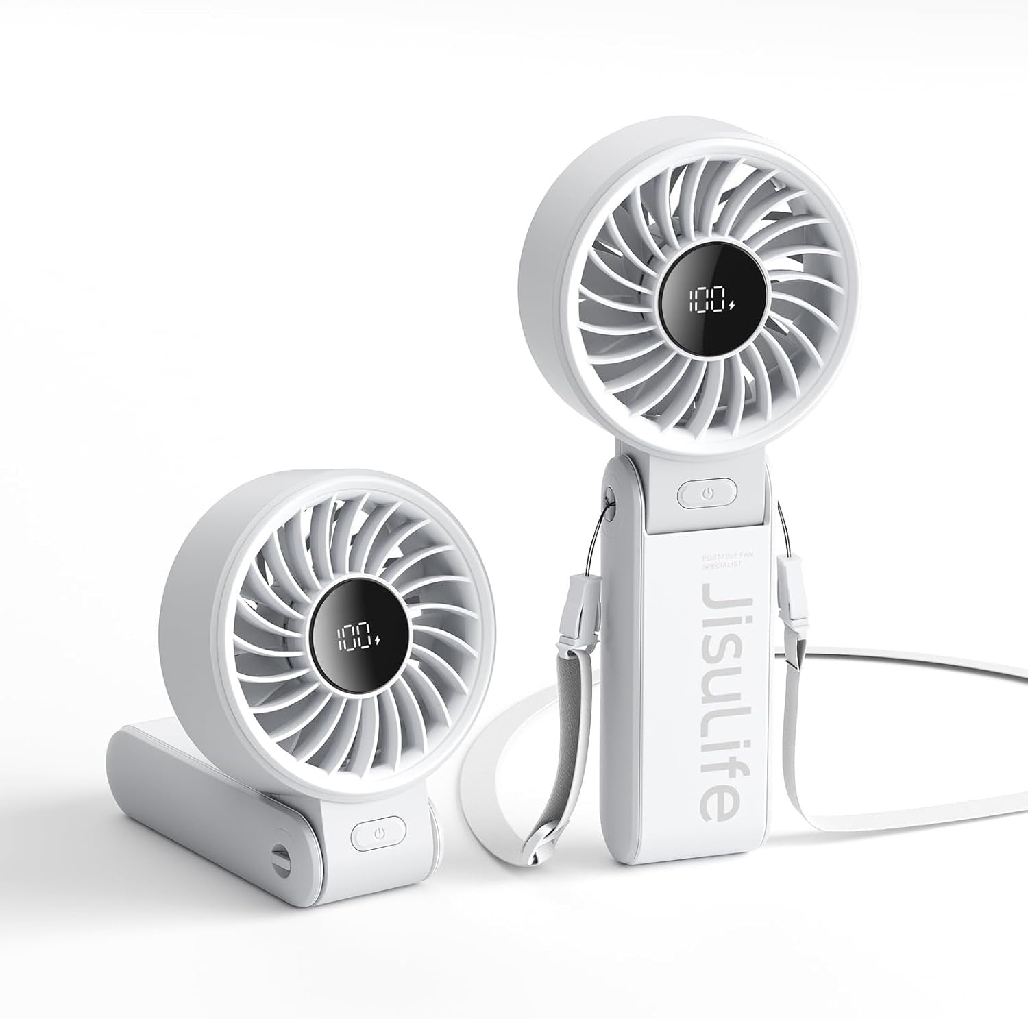 Jisulife mini fan portable handheld fan in white with digital display and adjustable stand by VMIDirect