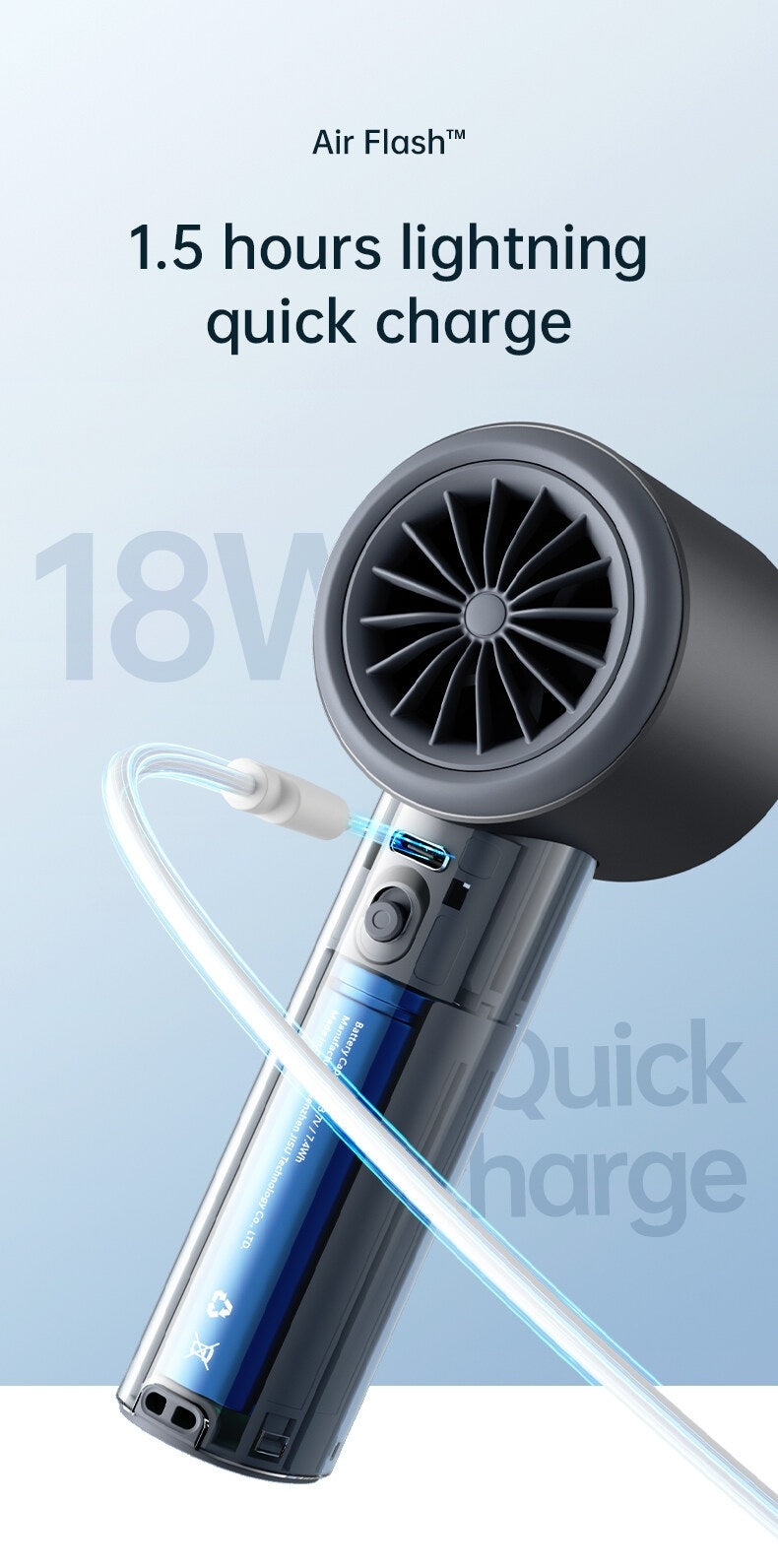 Portable mini handheld fan with 1.5 hours lightning quick charge and 18W power