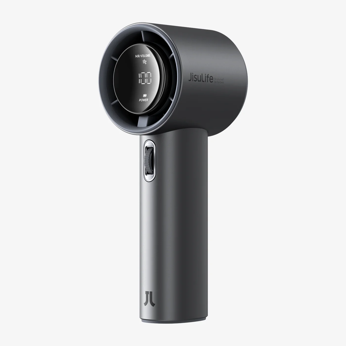 Portable mini handheld fan in sleek black with digital display and power button