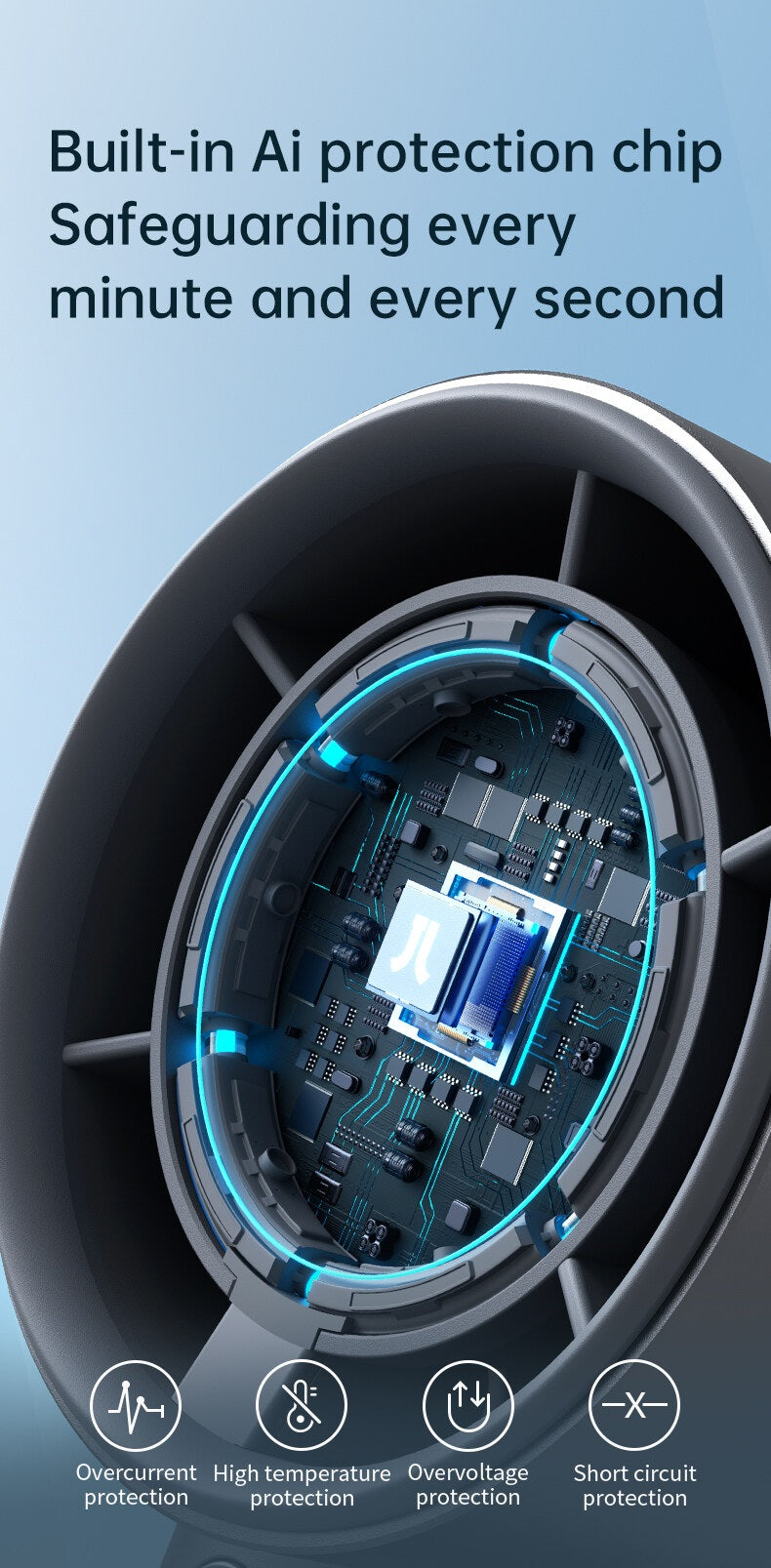 Close-up view of portable mini handheld fan with built-in AI protection chip and safety features