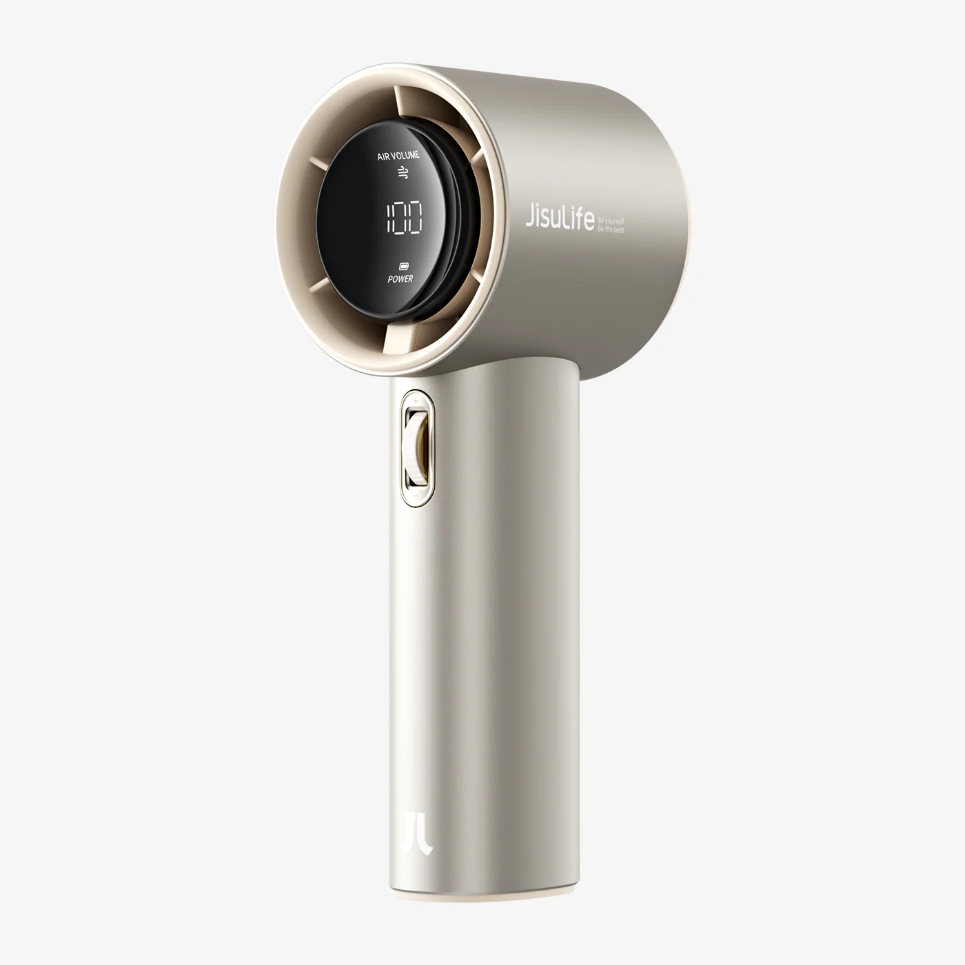 Portable mini handheld fan in beige with digital display and sleek modern design