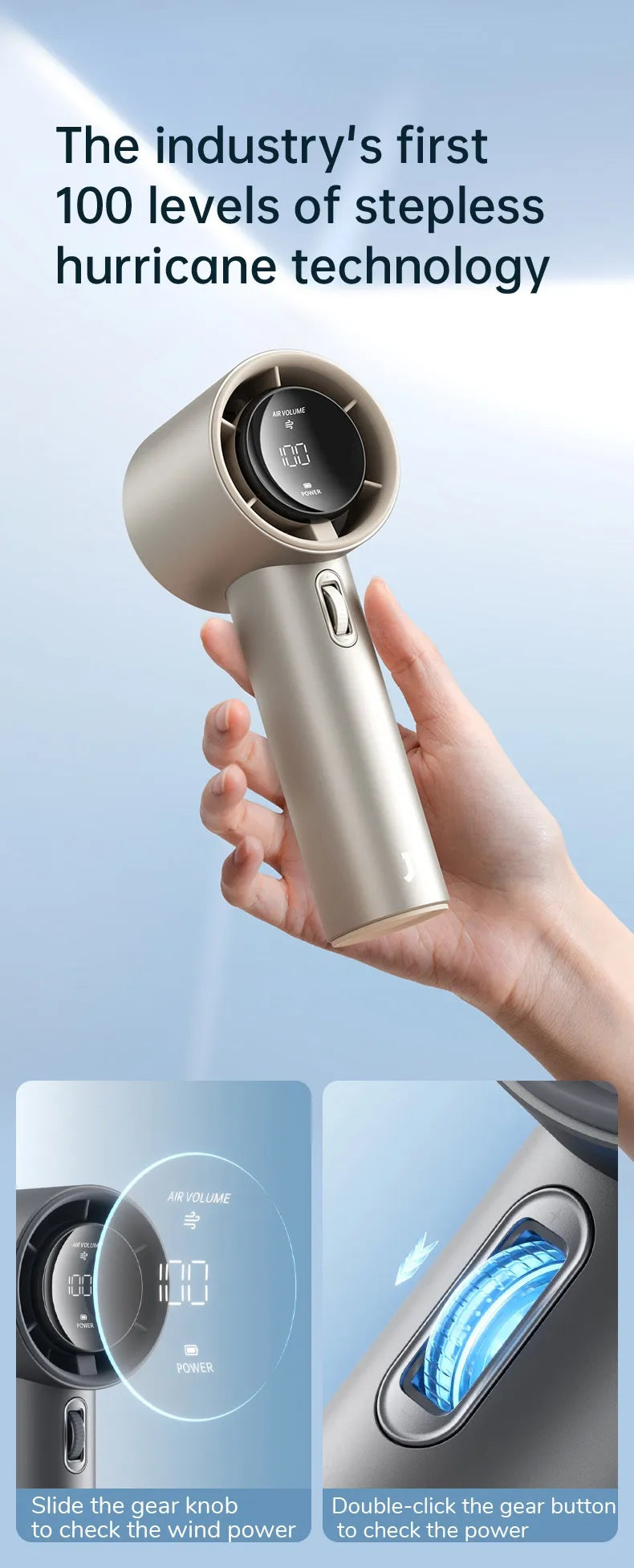 Portable mini handheld fan with stepless hurricane technology and digital display