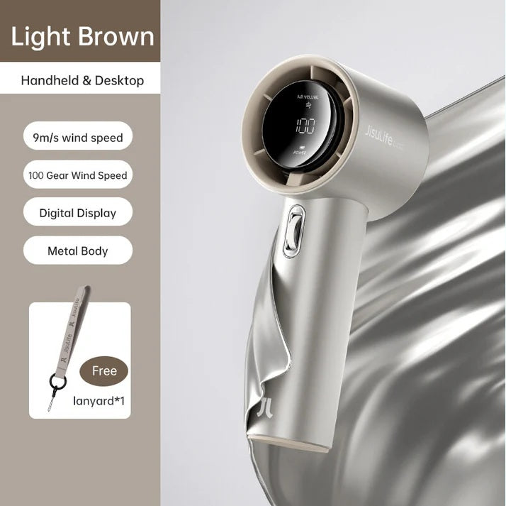 Light brown portable mini handheld fan with digital display and metal body