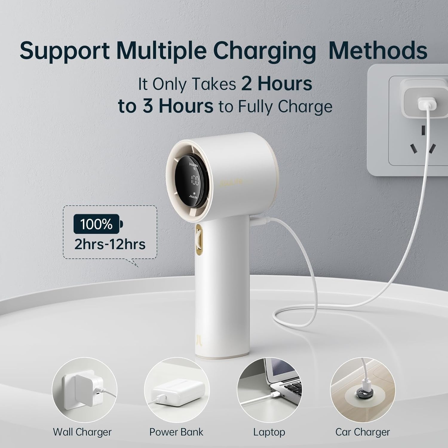 Portable mini handheld fan charging with multiple methods including wall charger power bank laptop and car charger