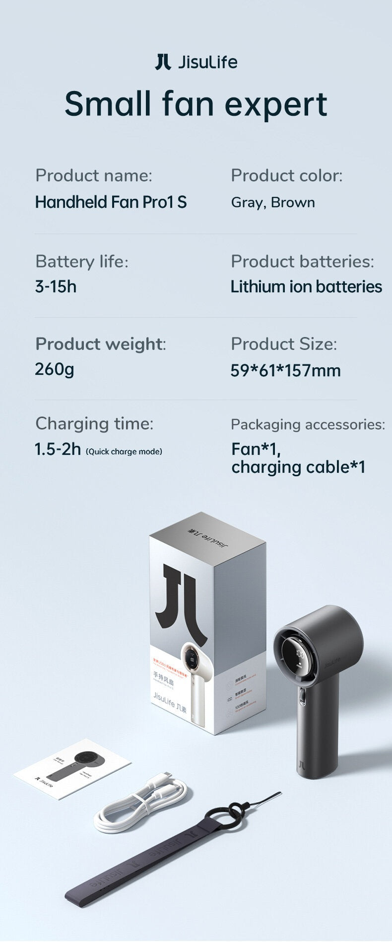 Portable mini handheld fan in gray with charging cable and lanyard shown with packaging box