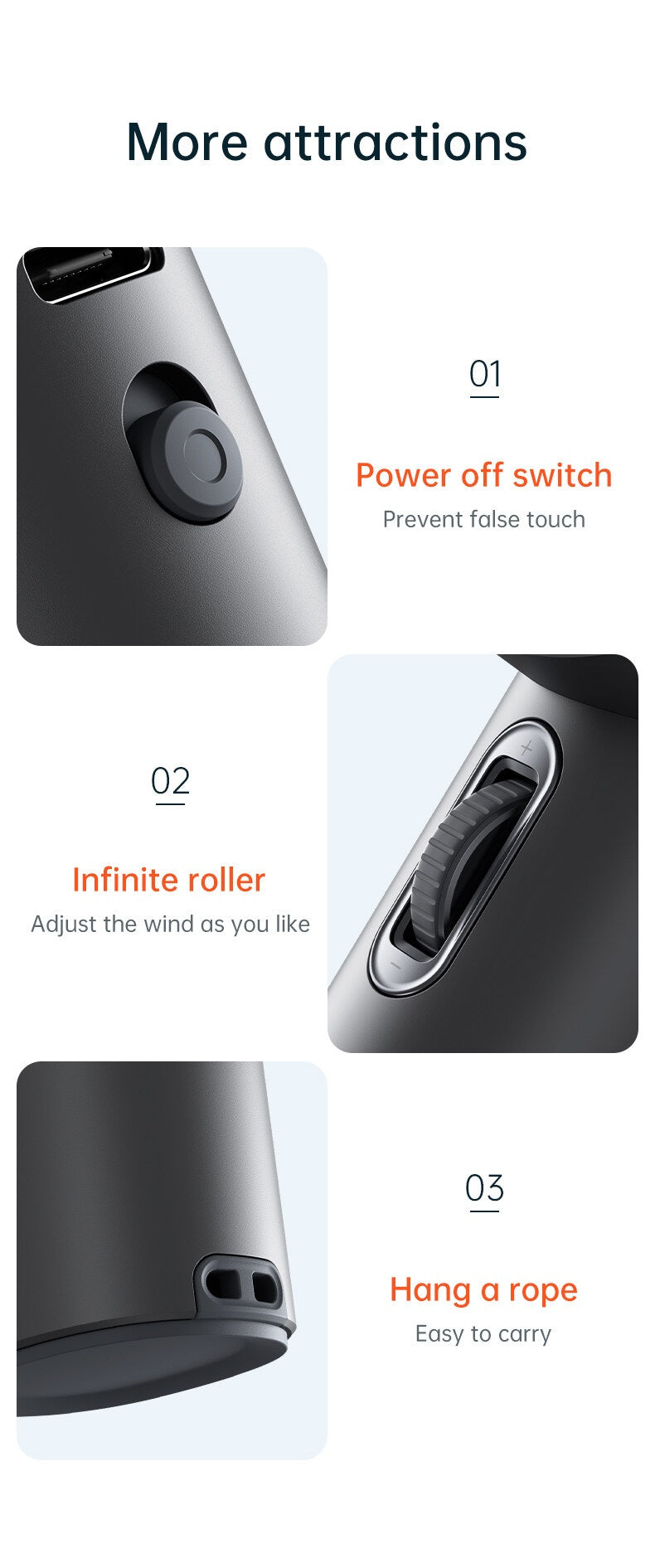 Portable mini handheld fan with power off switch, infinite roller, and rope hang feature