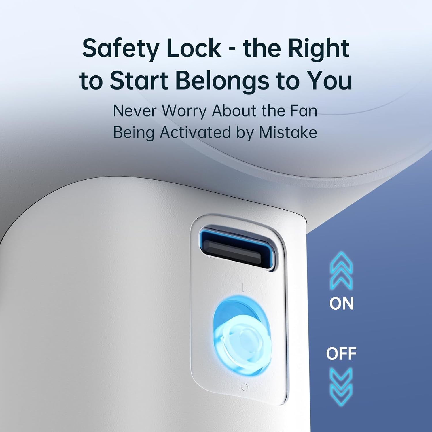 Close-up of portable mini handheld fan safety lock switch with on and off indicators