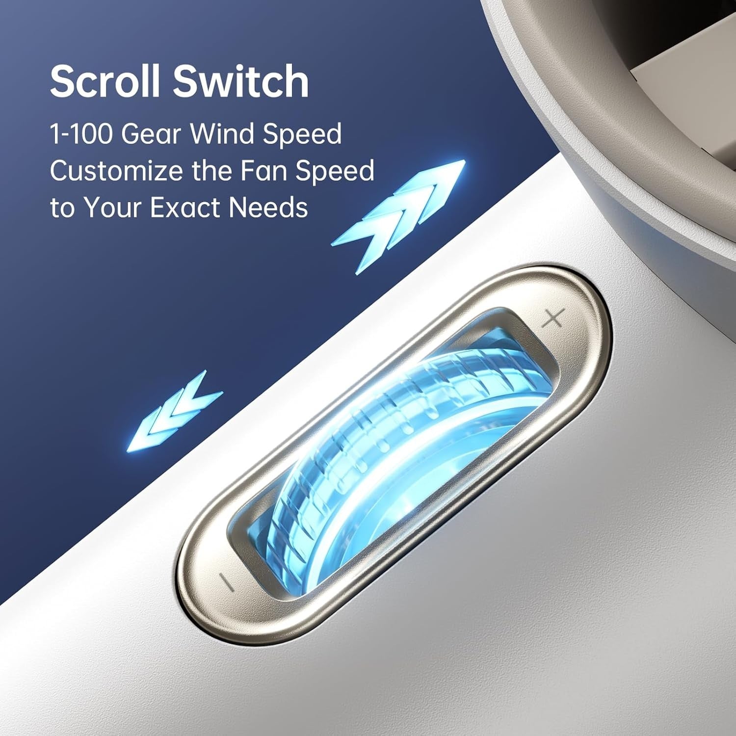 Close-up of scroll switch on portable mini handheld fan to customize fan speed