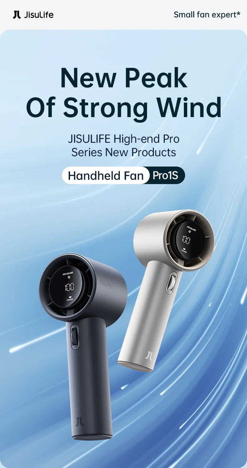 Portable mini handheld fan in black and silver with digital display and strong wind power
