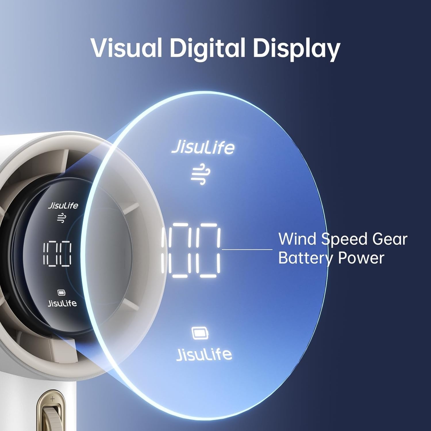 Portable mini handheld fan with visual digital display showing wind speed and battery power