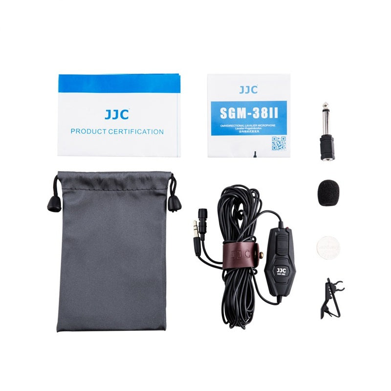Omnidirectional lapel microphone with accessories including clip, windscreen, and certification documents