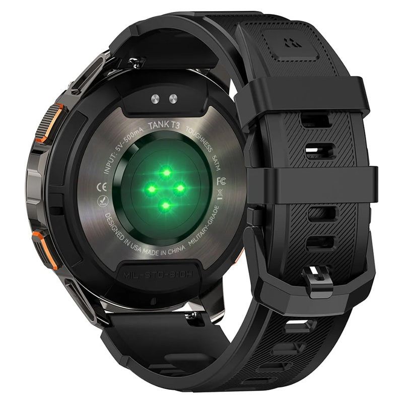 KOSPET TANK T3 rugged smartwatch rear view showing green heart rate sensors and black rugged strap