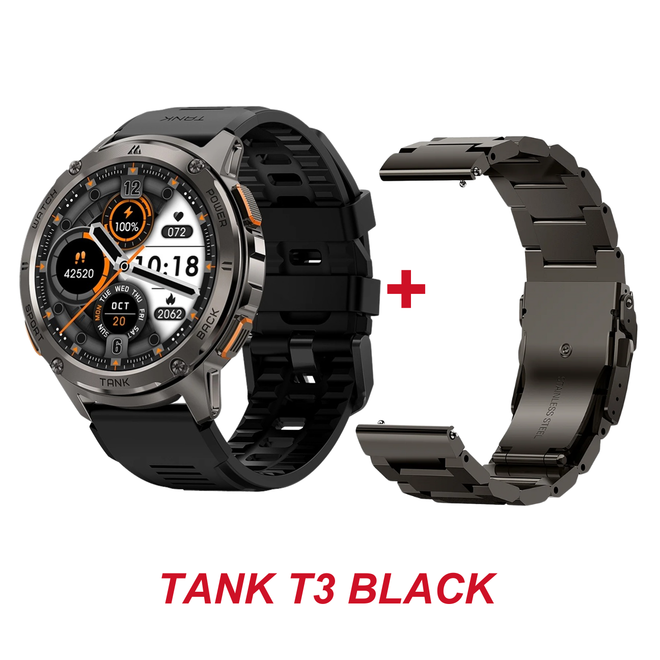 KOSPET TANK T3 rugged smartwatch in black with silicone strap and extra metal link band