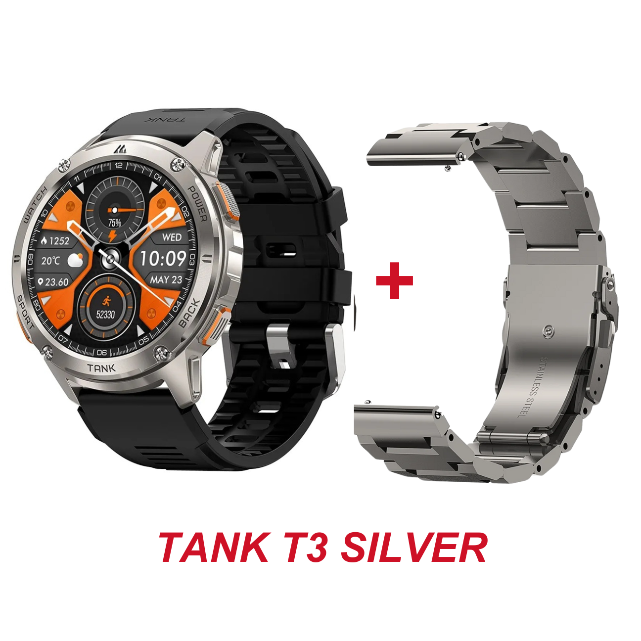 KOSPET TANK T3 rugged smartwatch in silver with orange dial black silicone strap and extra stainless metal band