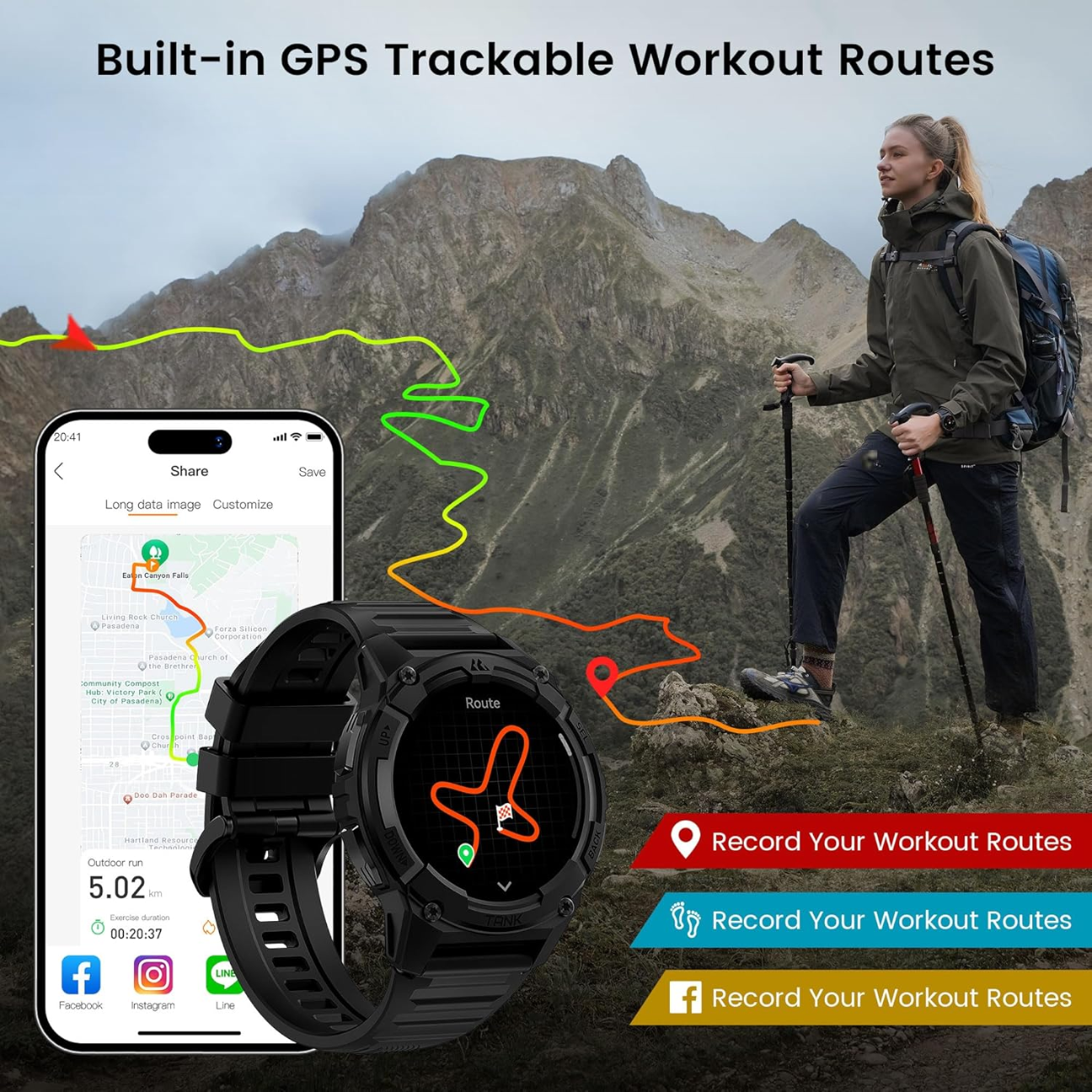 Kospet Tank S2 rugged smartwatch with built-in GPS for tracking workout routes on outdoor adventures