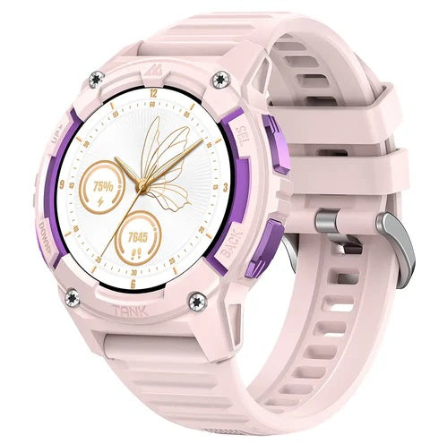 Kospet Tank S2 rugged smartwatch in pink with butterfly design and fitness tracking features