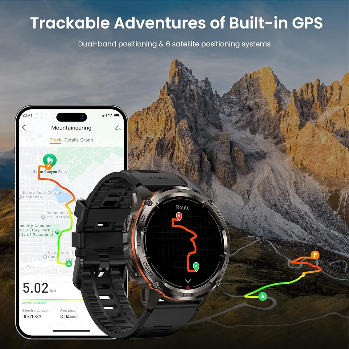 KOSPET TANK T3 ULTRA 2 smartwatch with built-in GPS showing mountain trail on smartphone app