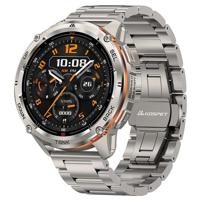 KOSPET TANK T3 ULTRA 2 smartwatch features a sleek design with a metallic strap and multiple fitness tracking functions