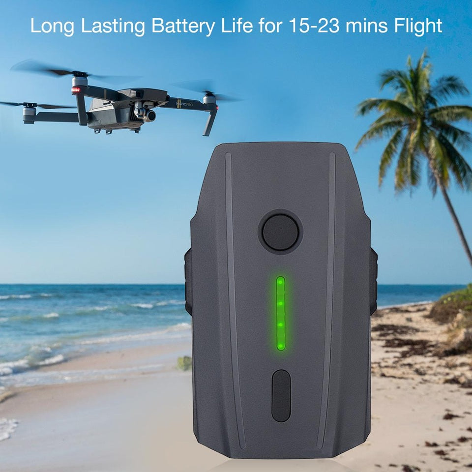 MAV-3830 extra battery for DJI Mavic shown on beach background with flying drone and battery life indicator