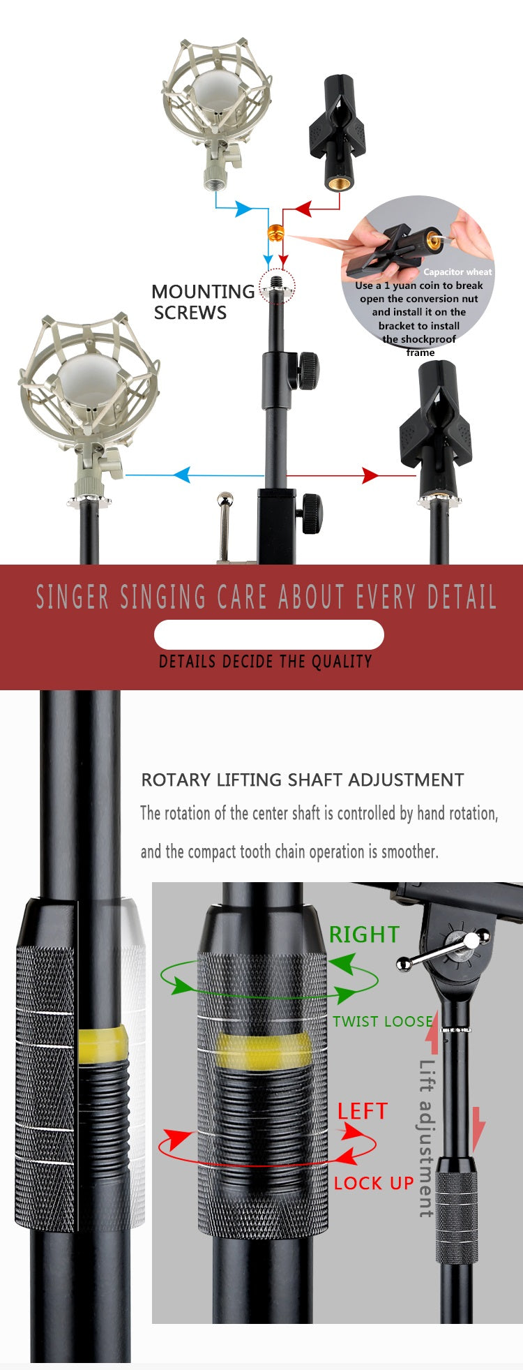 Microphone stand adjustable tripod with rotary lifting shaft and mounting screws for optimal performance