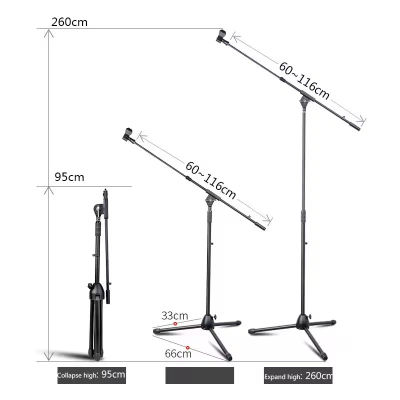 Microphone stand adjustable tripod with collapsible height and flexible adjustment options