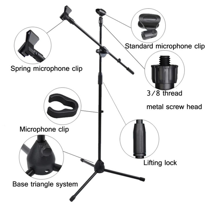 Microphone stand adjustable tripod with spring clip and lifting lock features