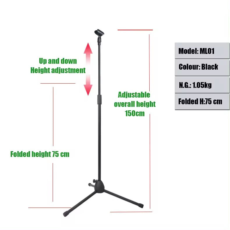 Microphone stand adjustable tripod with adjustable height from 75 to 150 cm for better stability