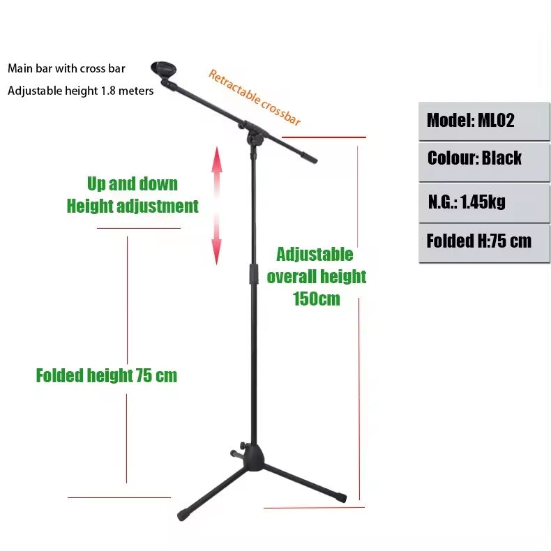 Microphone stand adjustable tripod with foldable design and adjustable height from 75cm to 150cm