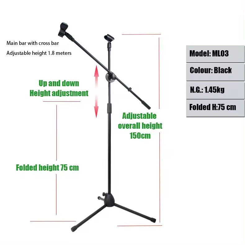 Microphone stand adjustable tripod with height adjustment from 75cm to 180cm