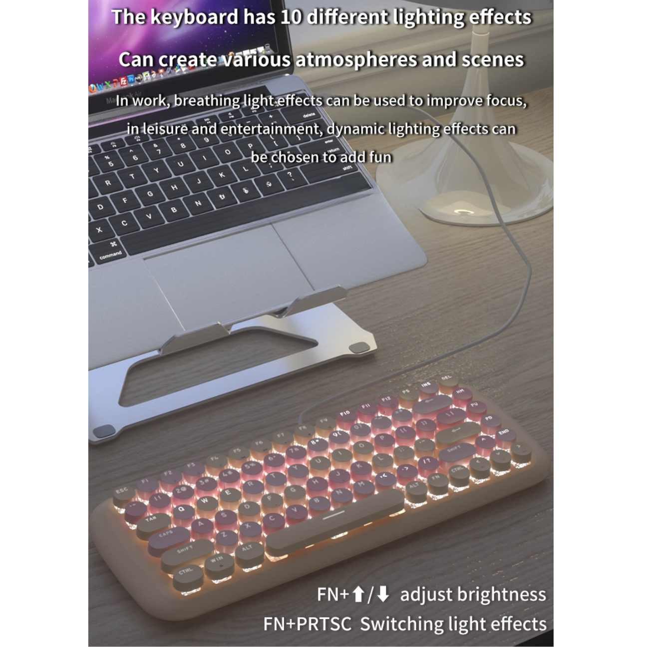 MOFII Candy M keyboard with lights showing colorful round keycaps and adjustable brightness effects