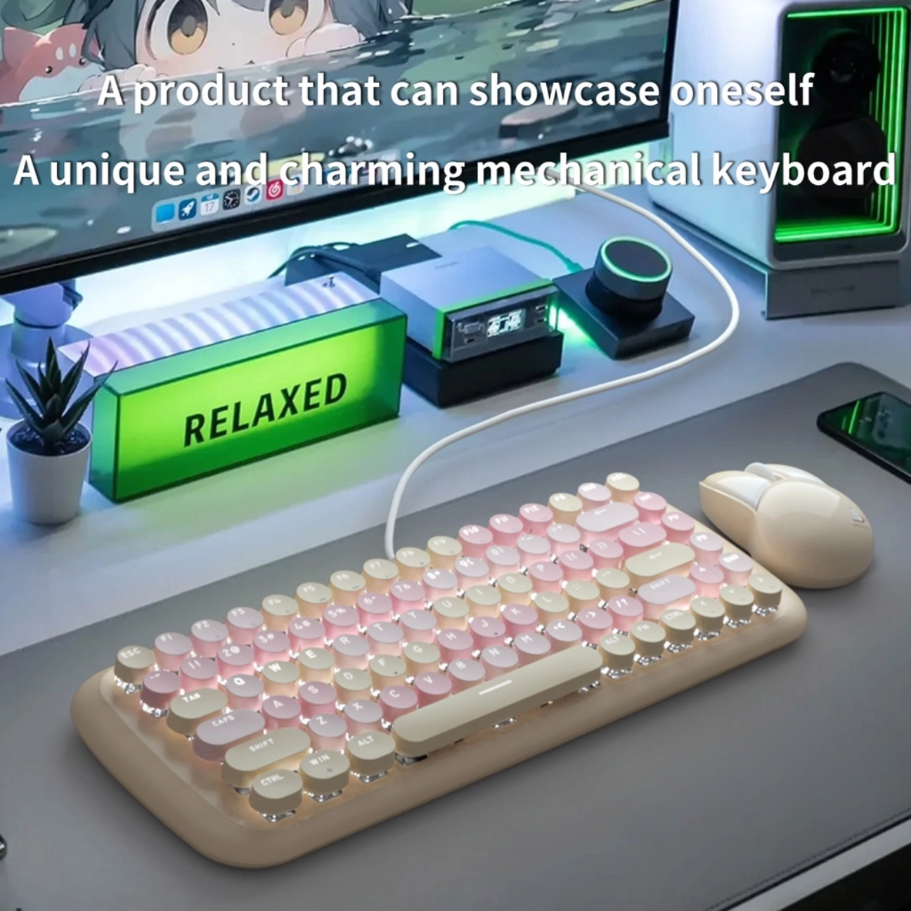 MOFII Candy M keyboard with lights featuring round pink and beige keys on a modern desktop setup