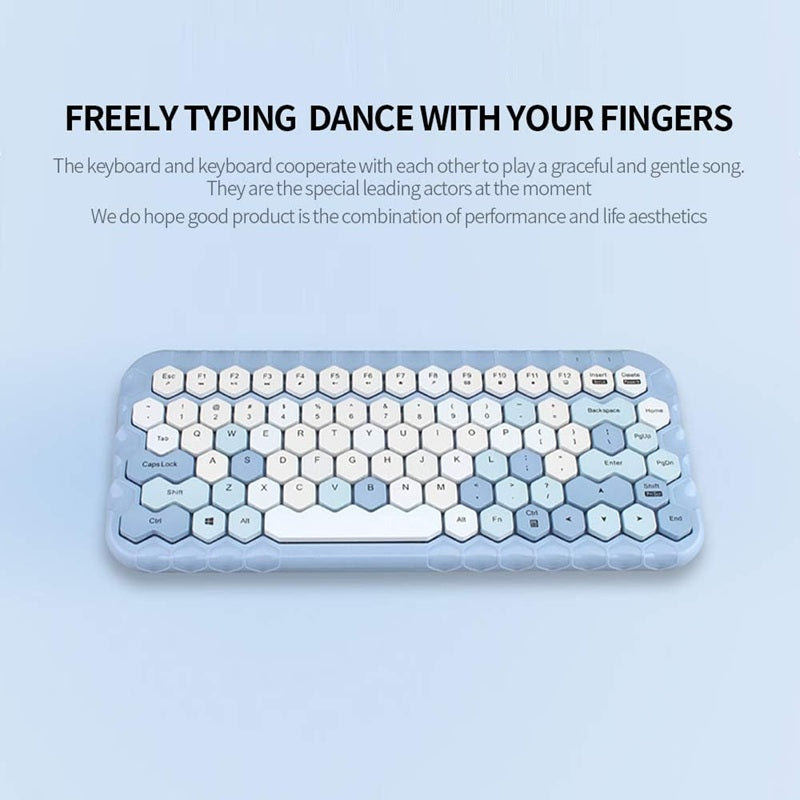 MOFII HONEY BT keyboard with hexagonal white and blue keys on a light blue background