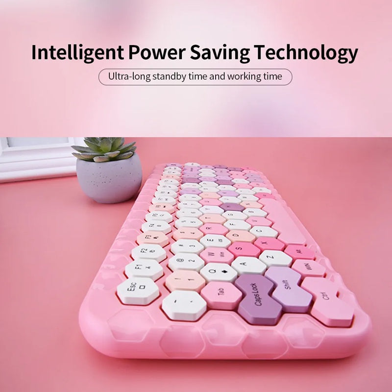 MOFII HONEY BT keyboard with pink hexagonal keys and intelligent power saving technology