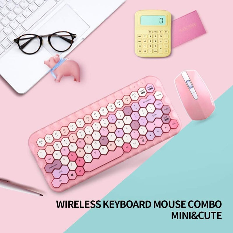 Pink Mofii Honey PLUS gaming keyboard set with wireless mouse on a colorful desk setup