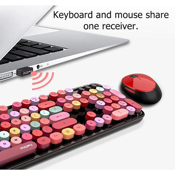 Mofii Sweet Mixed 2.4G keyboard for PC with colorful round keys and red wireless mouse sharing one receiver