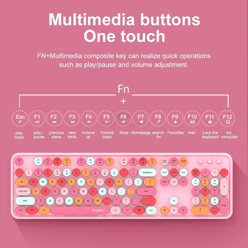Mofii Sweet Mixed 2.4G keyboard for PC in pink with round colorful keys and multimedia buttons