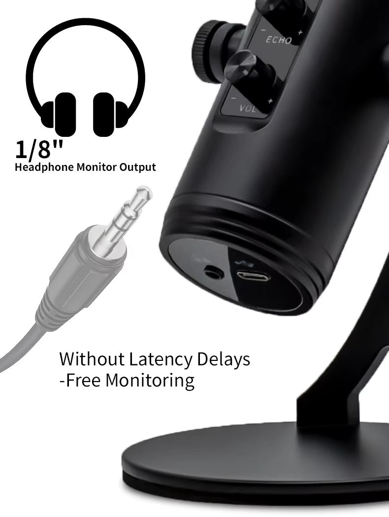 Plug and play recording microphone with headphone monitor output and volume controls