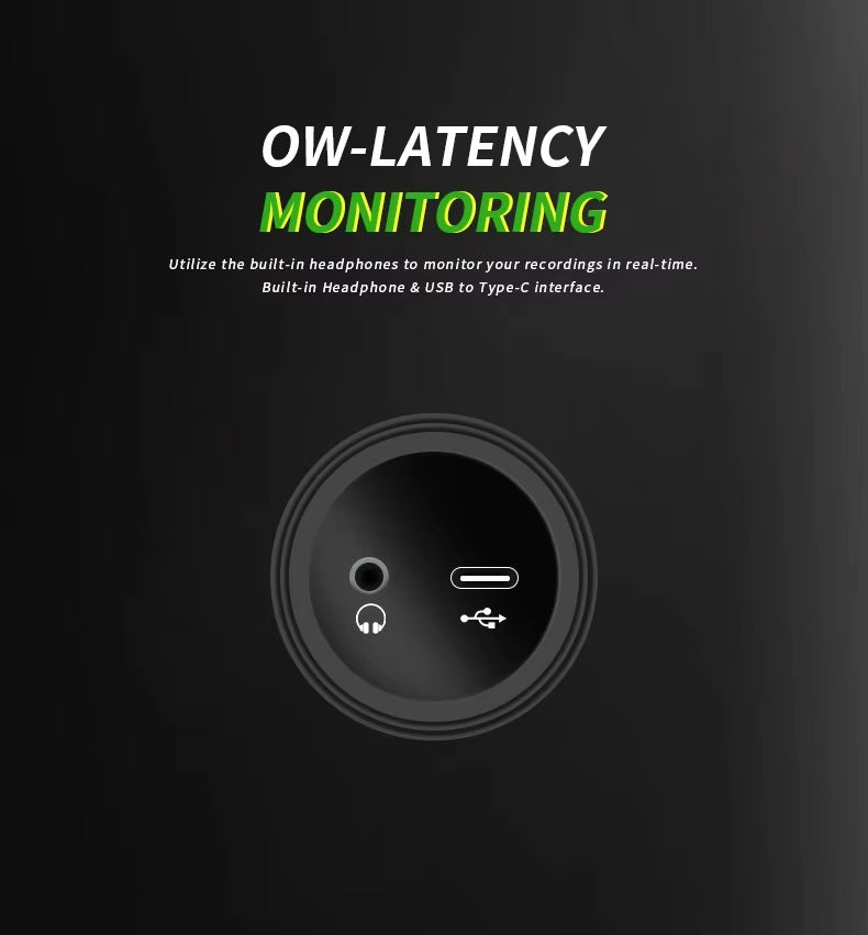 Close-up of VMIDirect condenser microphone featuring low-latency monitoring for plug and play recording microphone